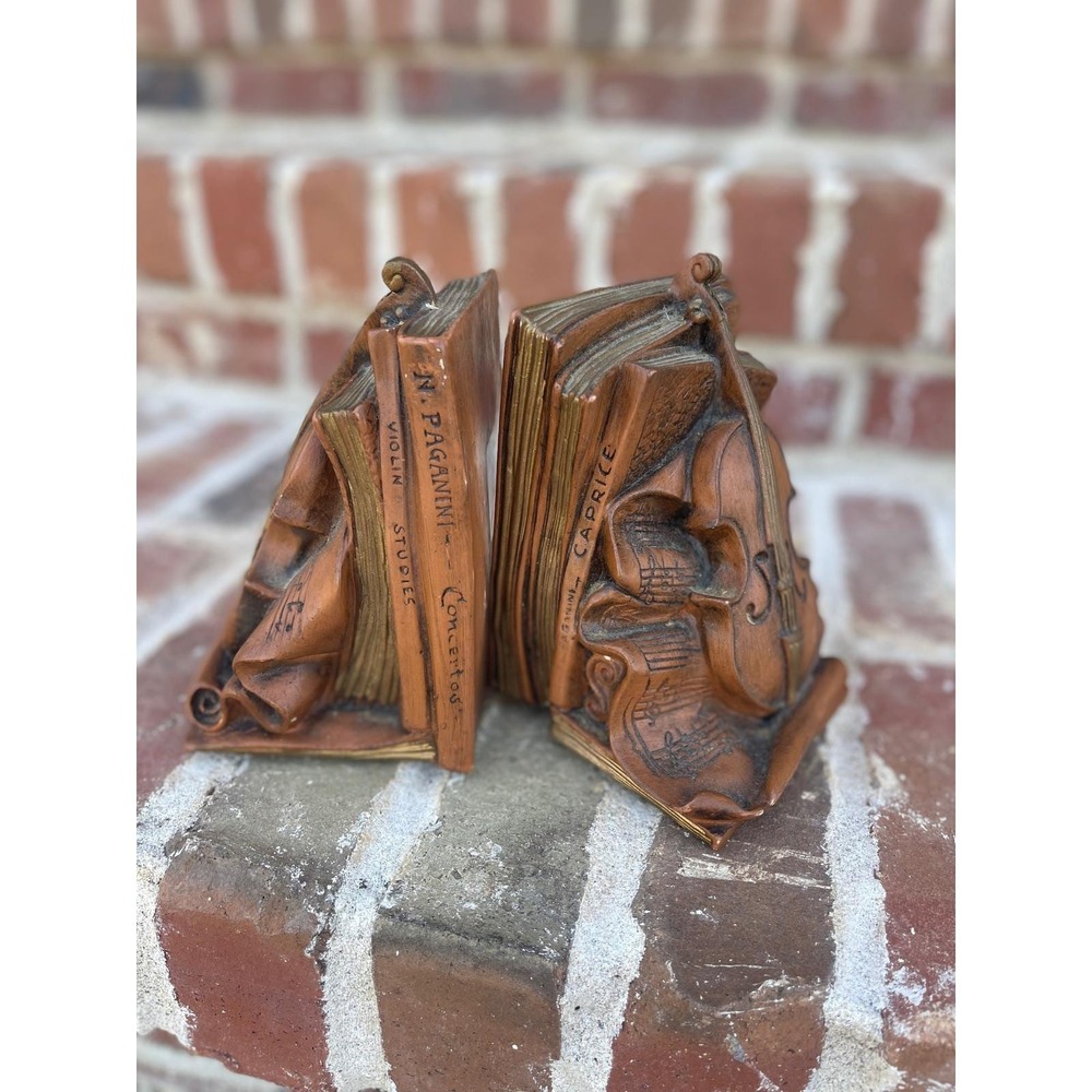 Vintage Musical Violin Bookends Paganini Sheet Music Faux Wood Resin Decor Pair